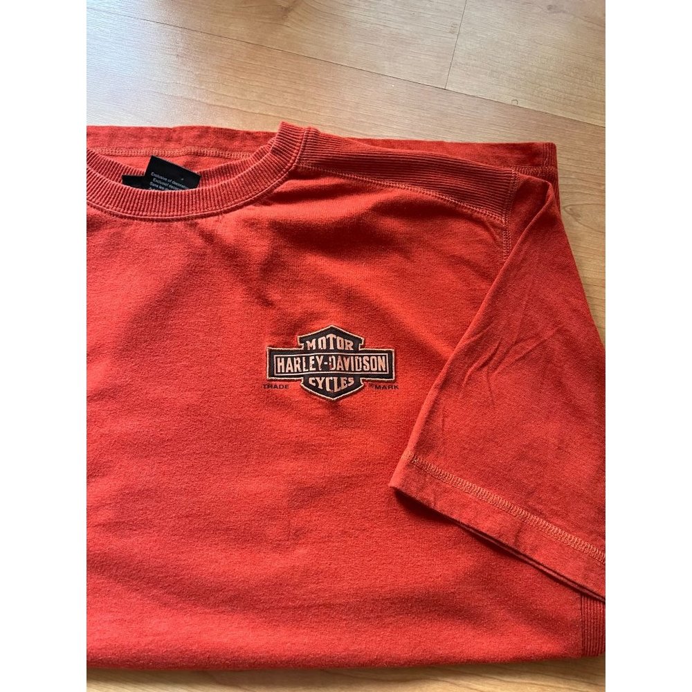 HARLEY DAVIDSON MOTORCYCLES VINTAGE BIG ORANGE LOGO T SHIRT MENS SIZE XL HYPE